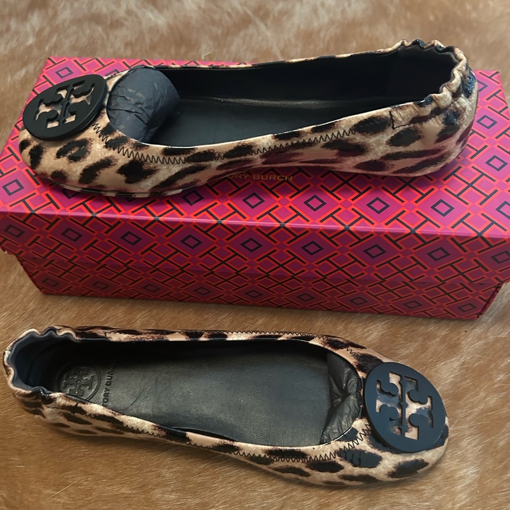 Tory Burch Animal Print Flats with Black Logo